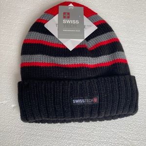Swiss Tech knit cuff hat. Red, gray black. 1 size